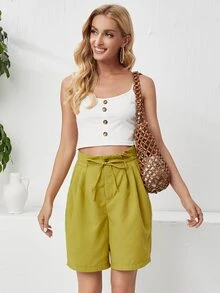 Paperbag Waist Belted Fold Pleat Shorts - Mustard Yellow - View 4