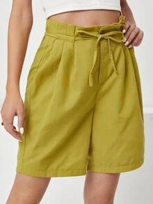 Paperbag Waist Belted Fold Pleat Shorts - Mustard Yellow - View 5