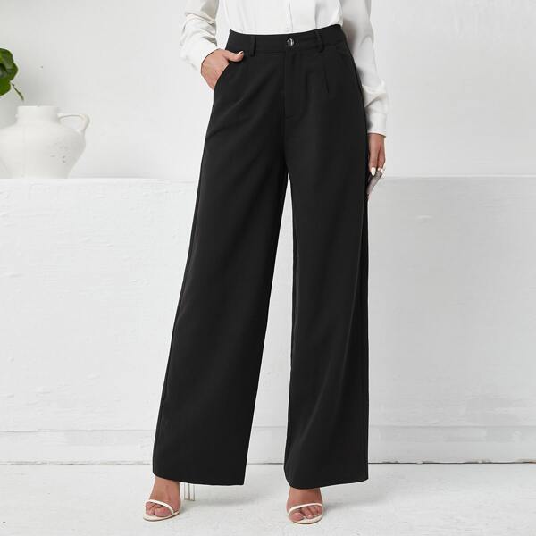 

High Waist Solid Wide Leg Pants, Black