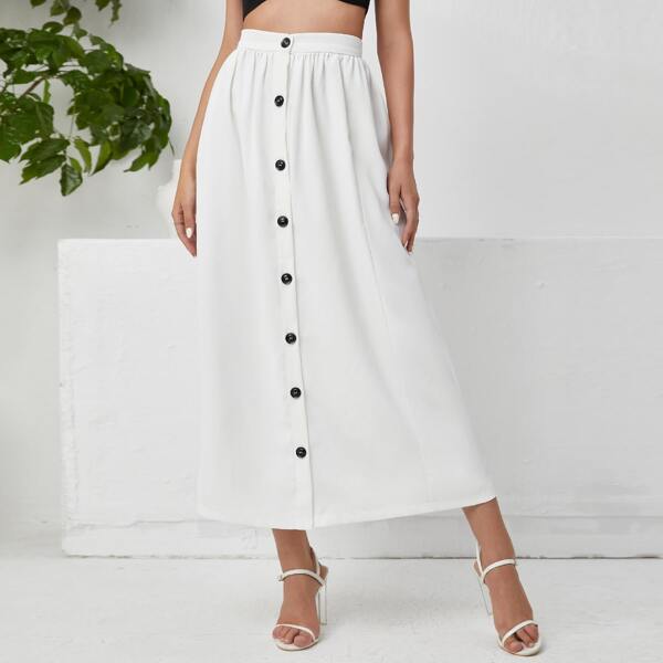 

Single Breasted Front Solid Skirt, White