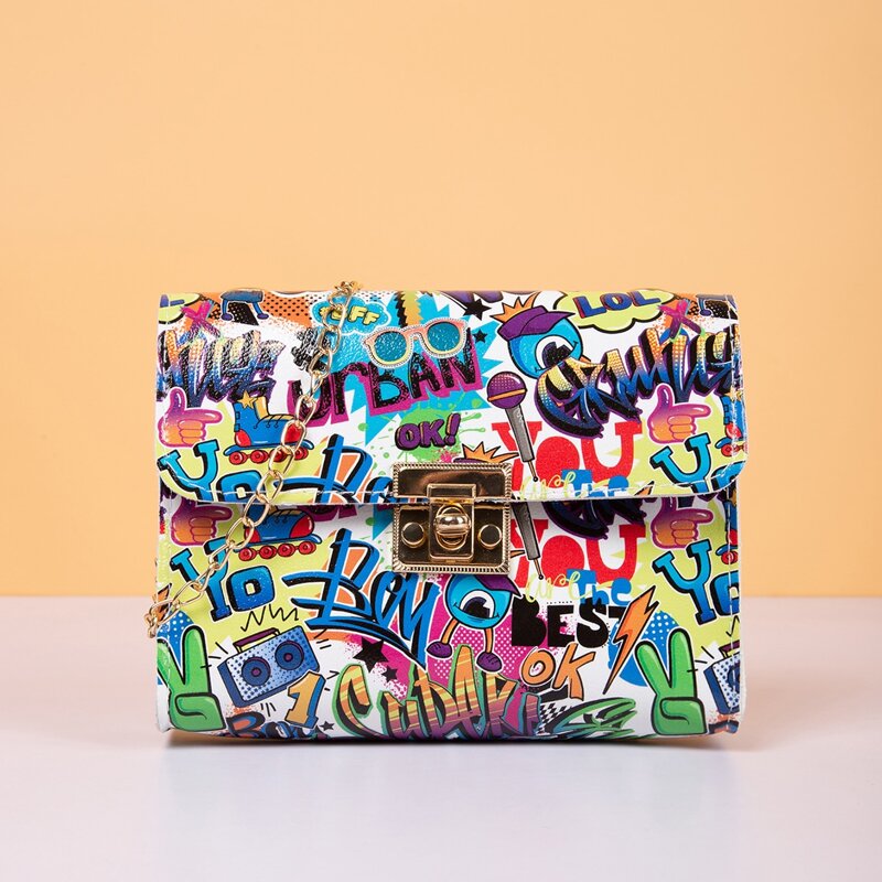 

Letter Graphic Twist Lock Chain Bag, Multicolor