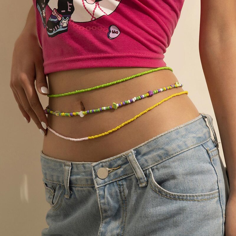 

3pcs Colorblock Beaded Waist Chain, Multicolor