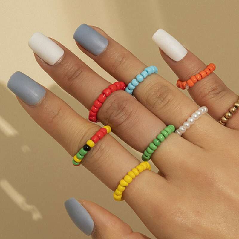 

8pcs Colorful Beaded Ring, Multicolor