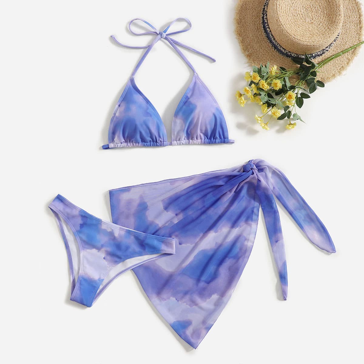 

3pack Tie Dye Bikini Swimsuit With Beach Skirt, Purple