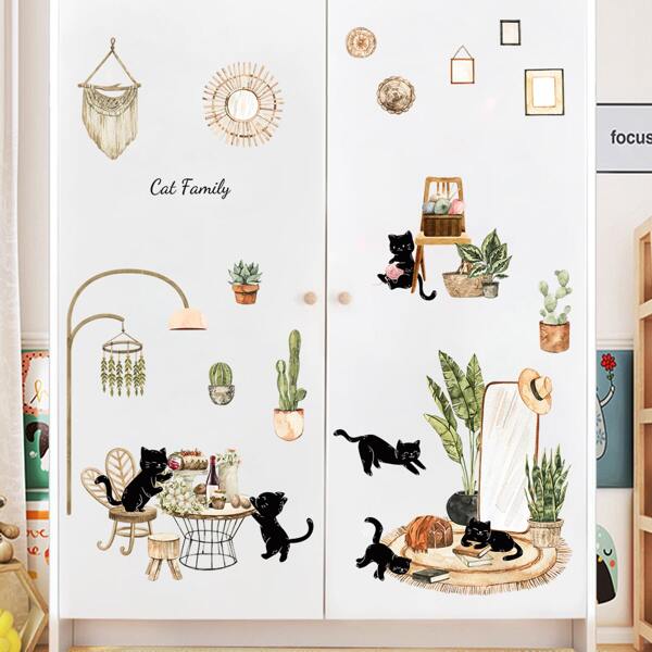 

Cat & Plants Print Wall Sticker, Multicolor