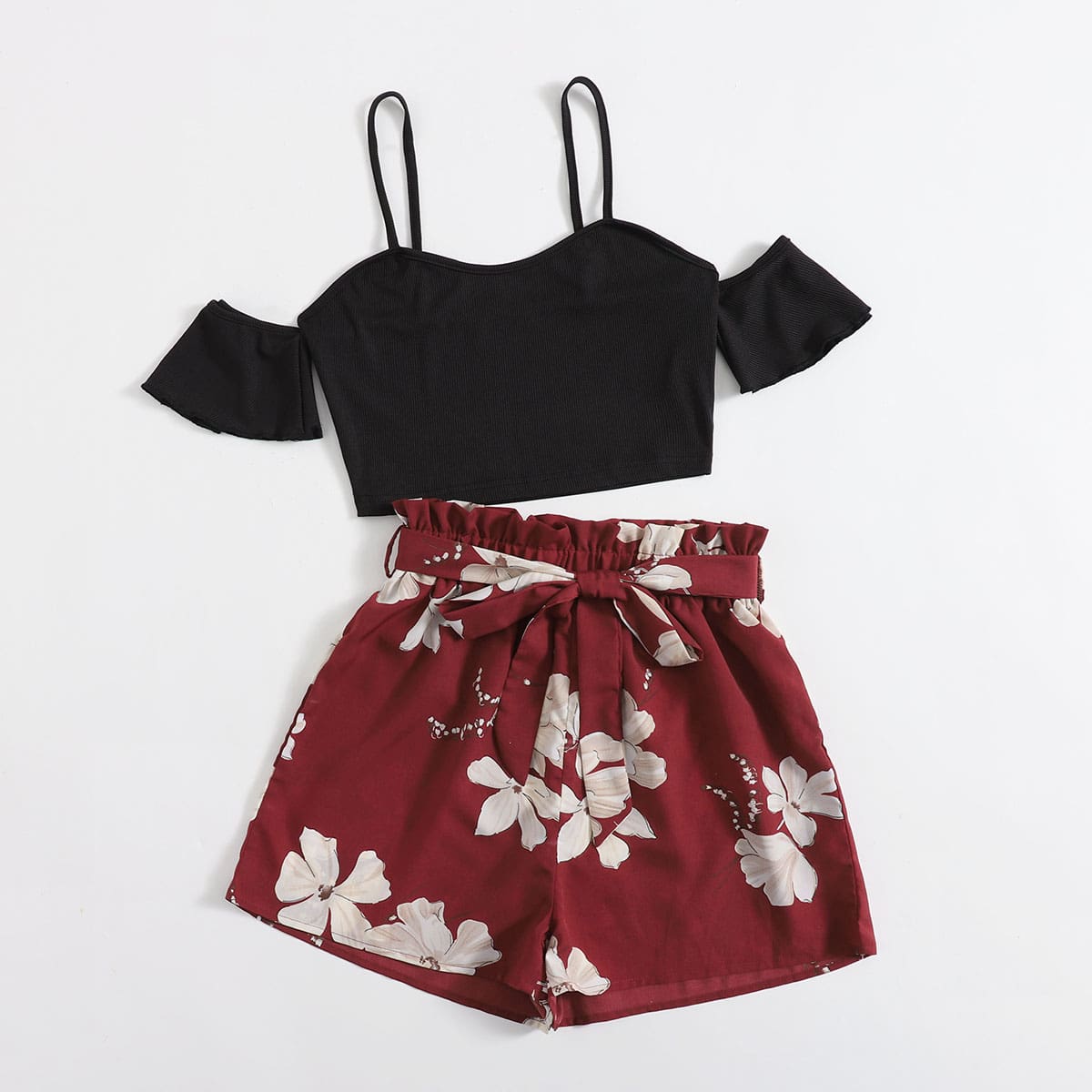 

Solid Crop Top & Floral Print Belted Shorts, Multicolor