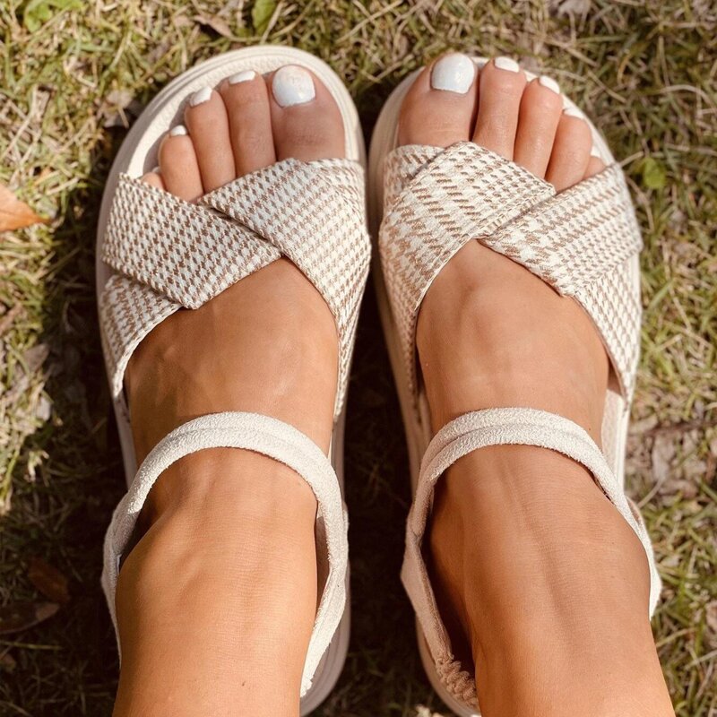 

Houndstooth Cross Strap Sandals, Apricot