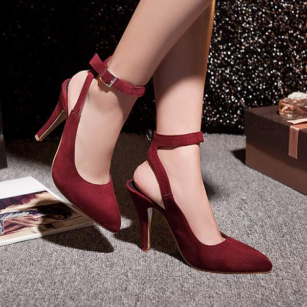 

Minimalist Buckle Decor Ankle Strap Pumps, Burgundy