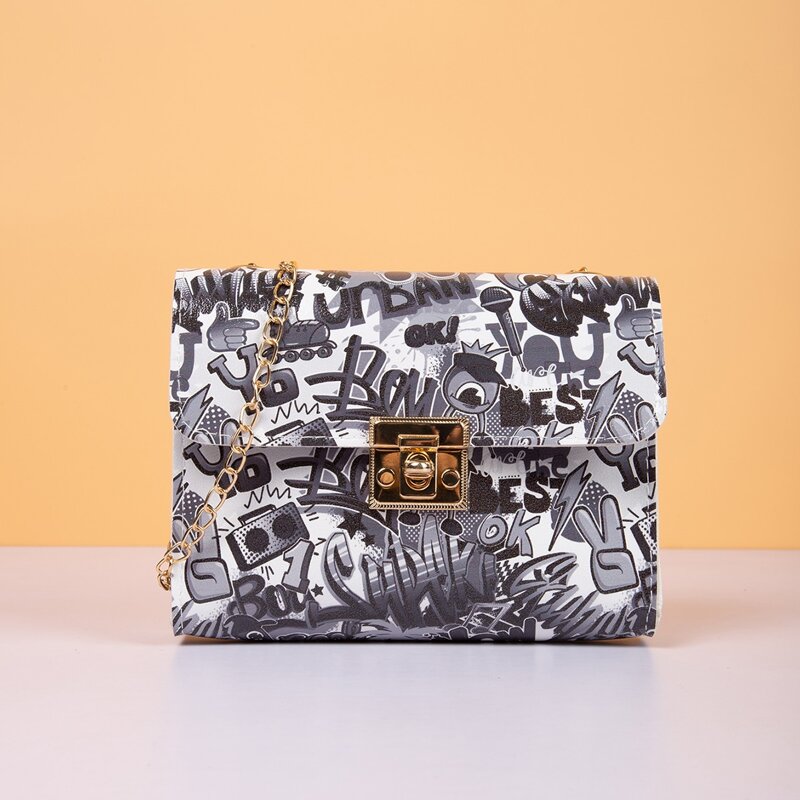 

Letter Graphic Twist Lock Chain Bag, Grey