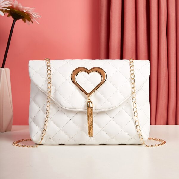 

Metal Tassel Charm Quilted Chain Bag, White