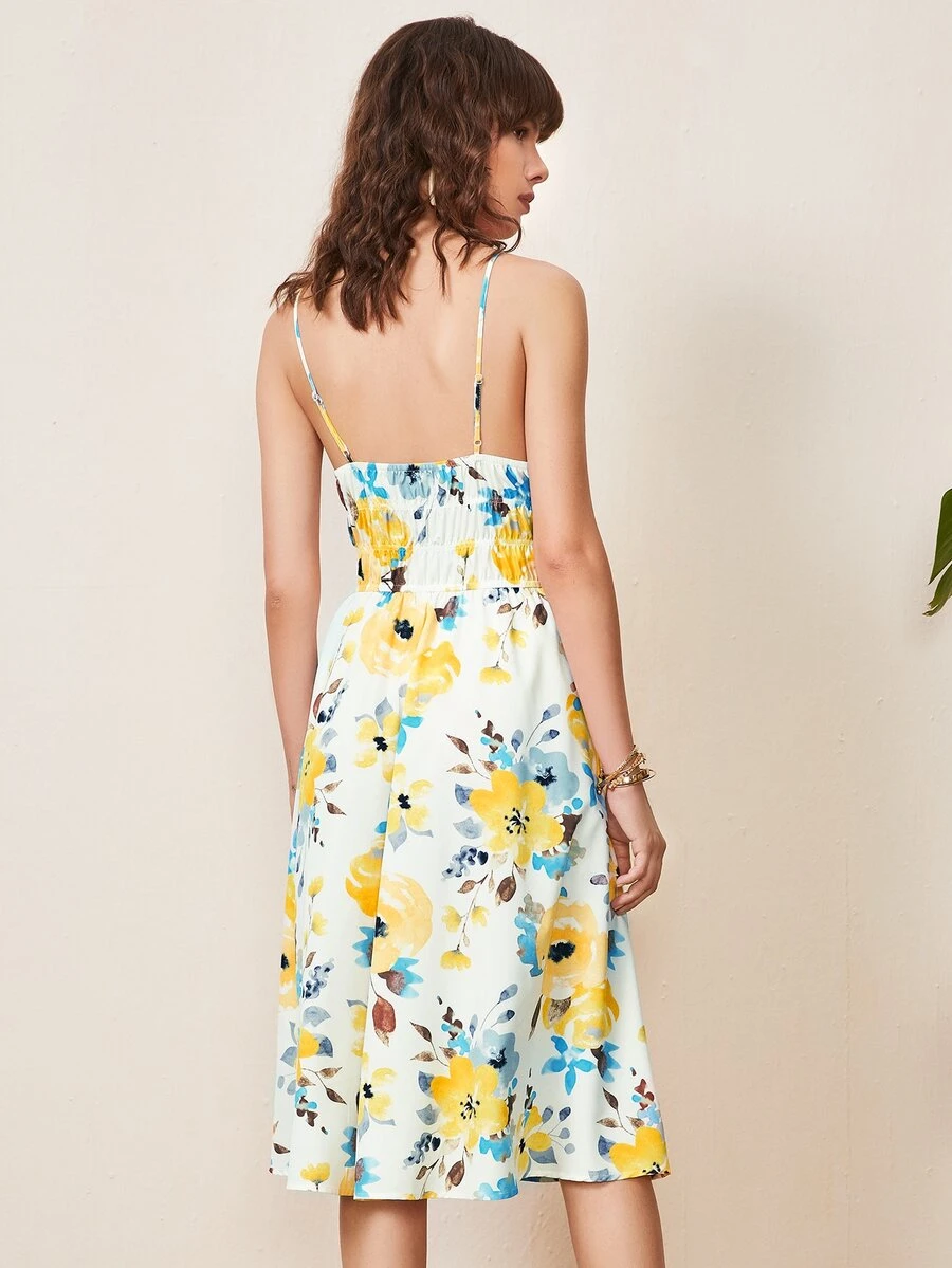 SHEIN Vestido de tirantes floral con cordón delantero fruncido trasero - Multicolor - Ver 1