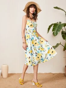 SHEIN Vestido de tirantes floral con cordón delantero fruncido trasero - Multicolor - Ver 2