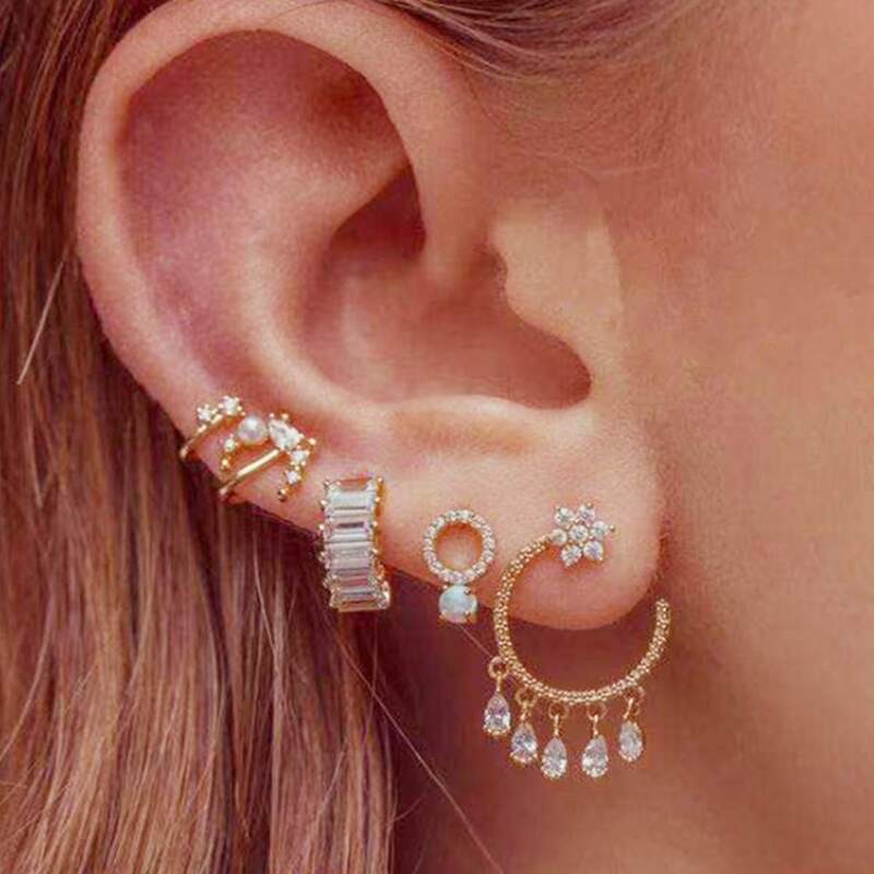 

5pcs Rhinestone Earrings, Gold