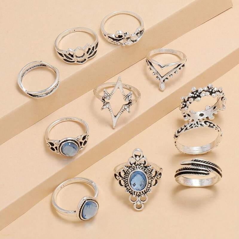 

11pcs Flower & Leaf Decor Ring, Silver