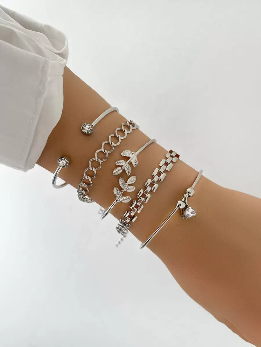 5pcs Rhinestone Detail Leaf Design Bracelet - Silver - View 1