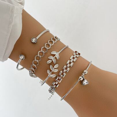 5 cái Rhinestone chi tiết thiết kế lá vòng đeo tay