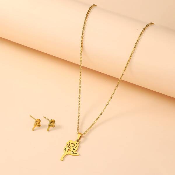 

3pcs Flower Design Jewelry Set, Gold