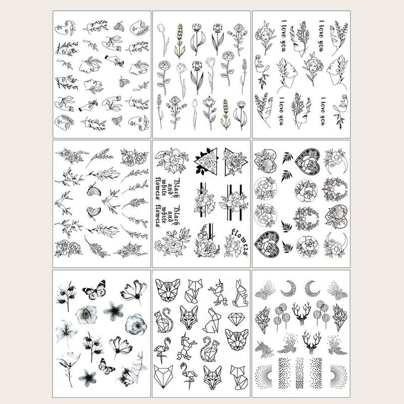 9sheets Mix Pattern Nail Art Sticker, Black