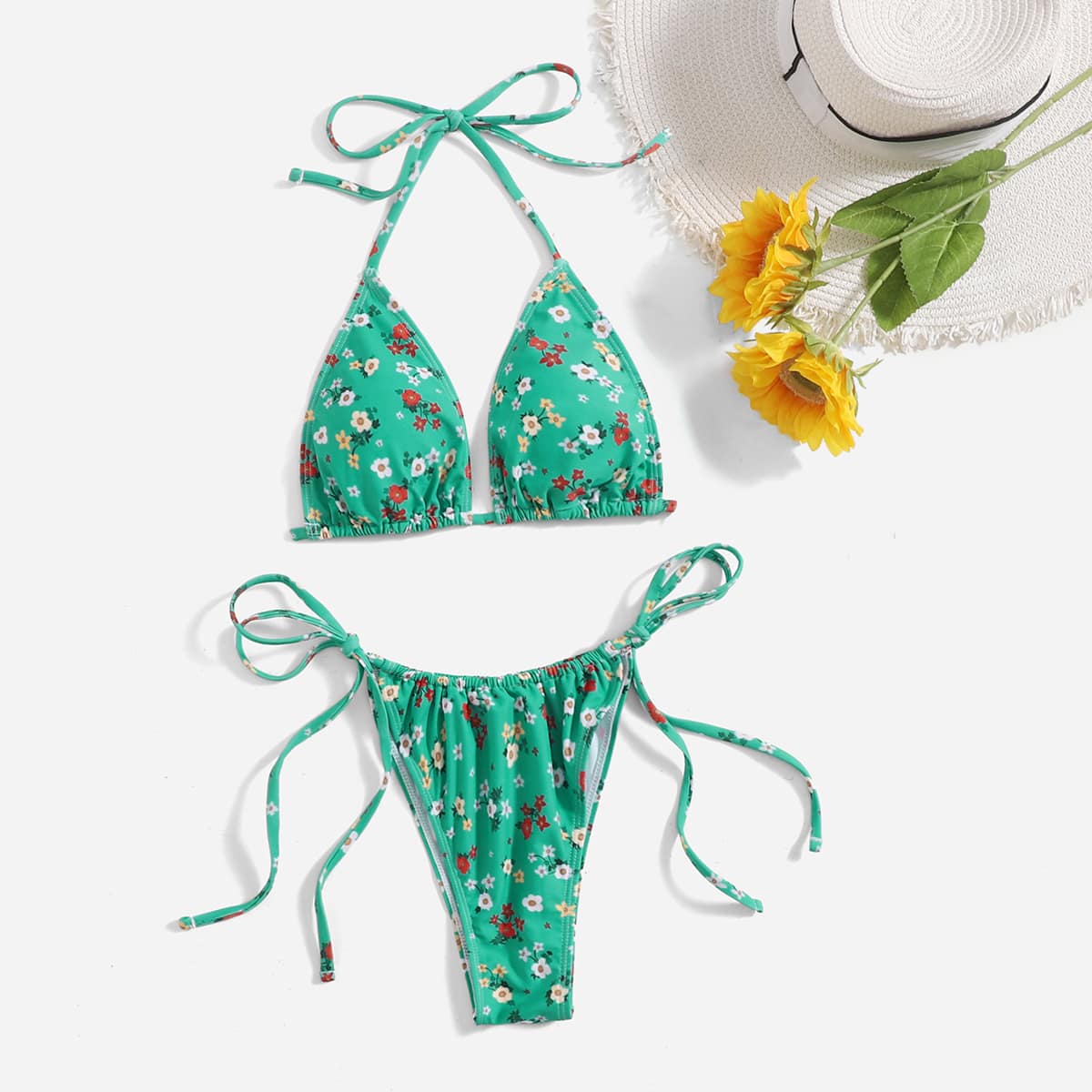 

Floral Pattern Bikini Swimsuit, Green