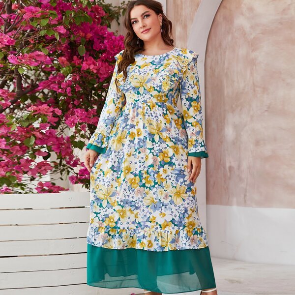 

Plus Floral Print Flounce Sleeve A-line Dress, Multicolor