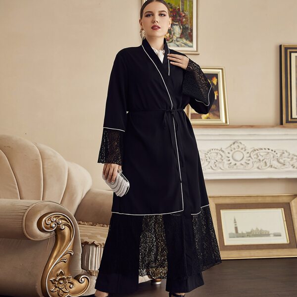 

Plus Contrast Lace Belted Binding Abaya, Black