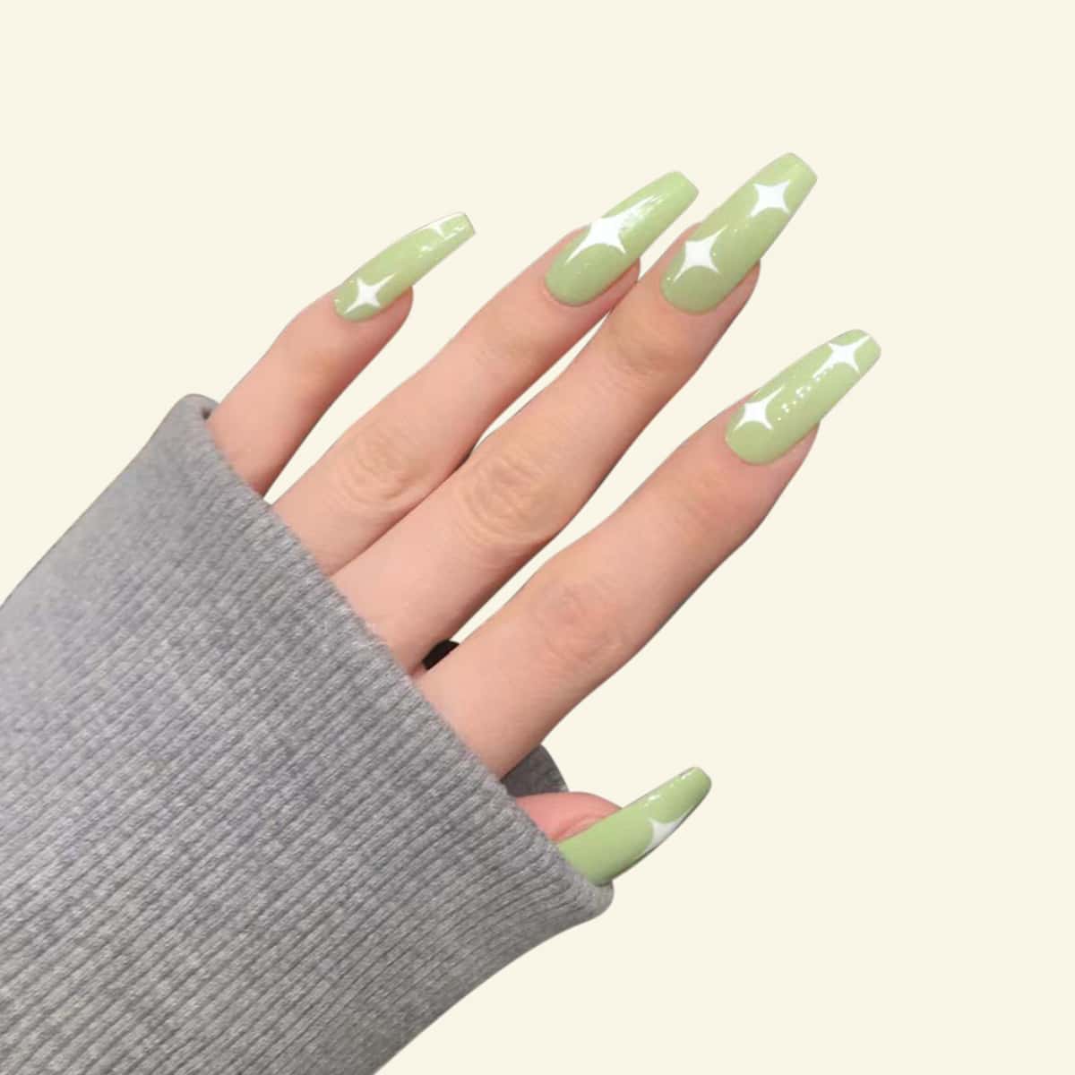

24pcs Star Print Fake Nail & 1sheet Tape & 1pc Nail File, Green