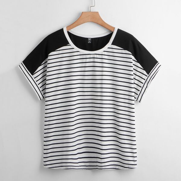 

Plus Striped Print Batwing Sleeve Tee, Black and white