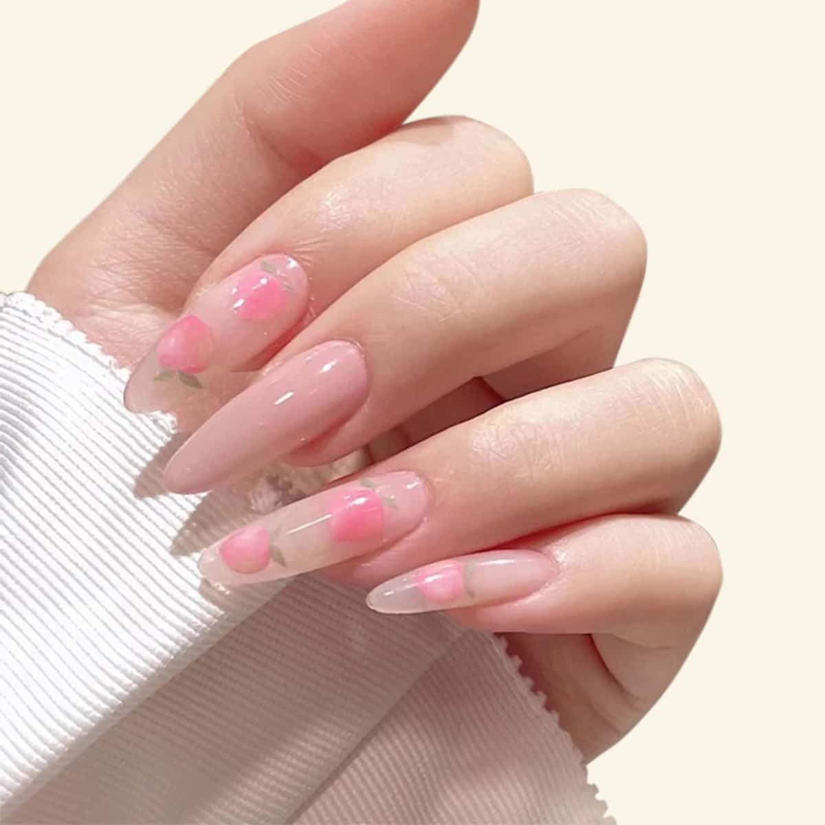 

24pcs Peach Print Fake Nail & 1sheet Tape & 1pc Nail File, Pink