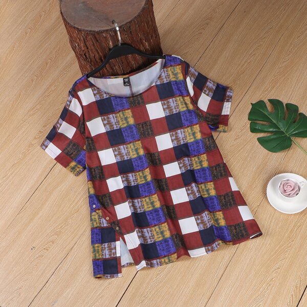

Plus Plaid Button Detail Blouse, Multicolor