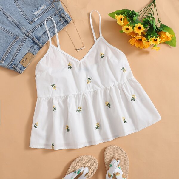 

Plus Floral Embroidery Ruffle Hem Cami Top, White