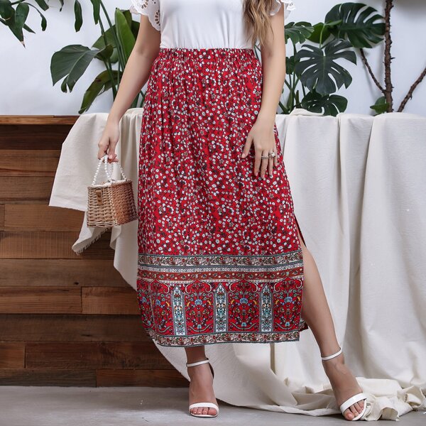 

Plus Ditsy Floral Split Hem Skirt, Multicolor