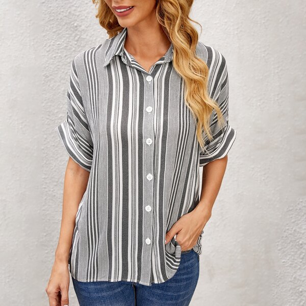 

Striped Batwing Sleeve Dip Hem Blouse, Multicolor