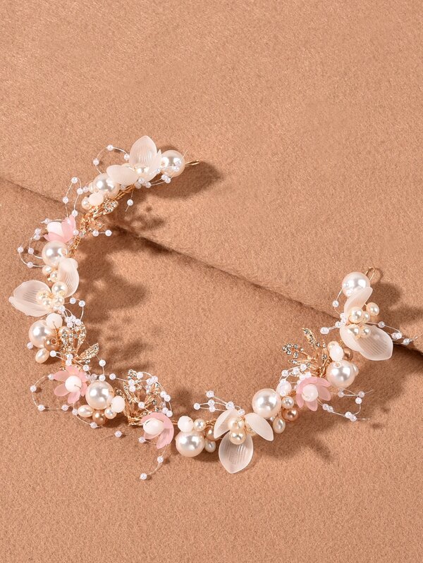 仿珍珠花朵装饰发箍，优雅心形头饰，情人节、婚礼发饰