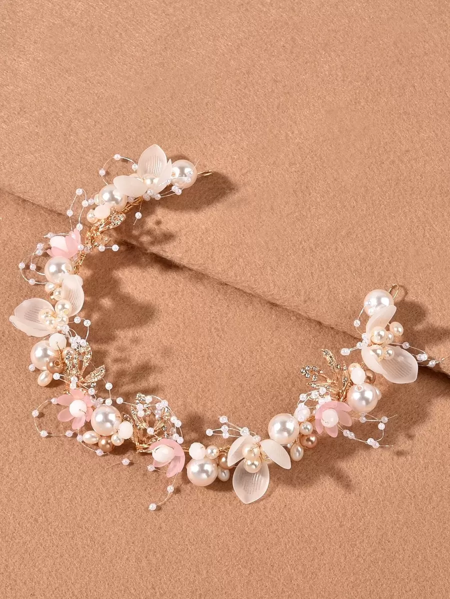 仿珍珠花朵装饰发箍，优雅心形头饰，情人节、婚礼发饰 - 粉色 - 查看 1