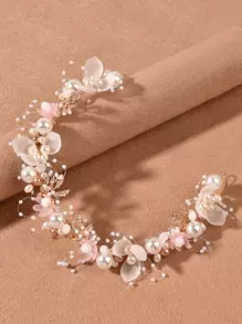 仿珍珠花朵装饰发箍，优雅心形头饰，情人节、婚礼发饰 - 粉色 - 查看 2