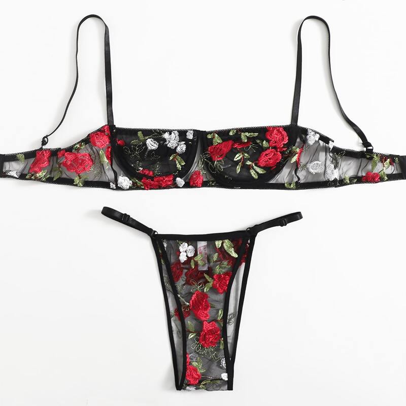 

Floral Embroidered Mesh Lingerie Set, Multicolor