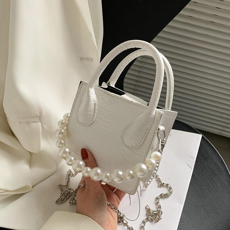 

Mini Faux Pearl Decor Satchel Bag, White