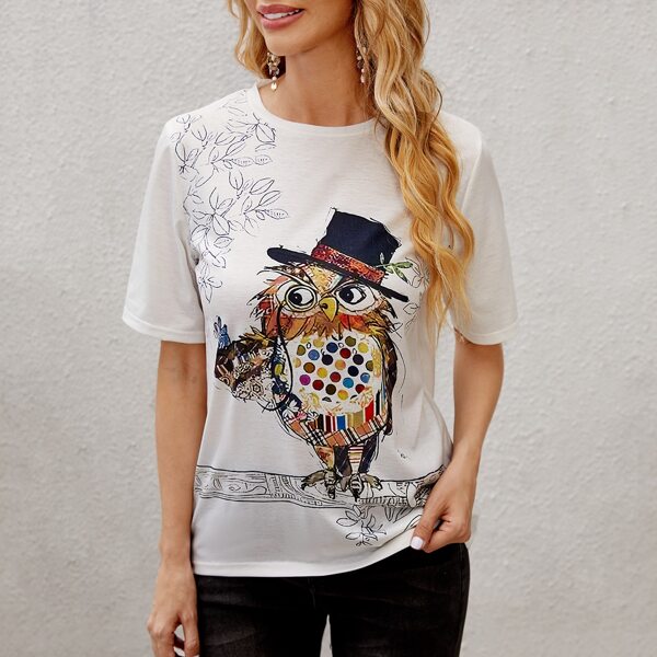 

Leaves & Owl Graphic Tee, White