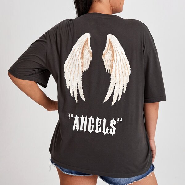 

Plus Wing And Letter Graphic Oversized Tee, Dark grey