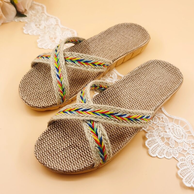 

Braided Criss Cross Linen Slides, Multicolor