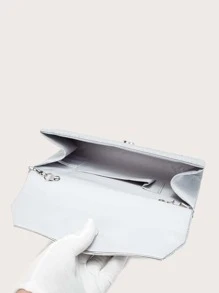Bolso clutch con cadena de metal ribete con solapa - Plateado - Ver 3