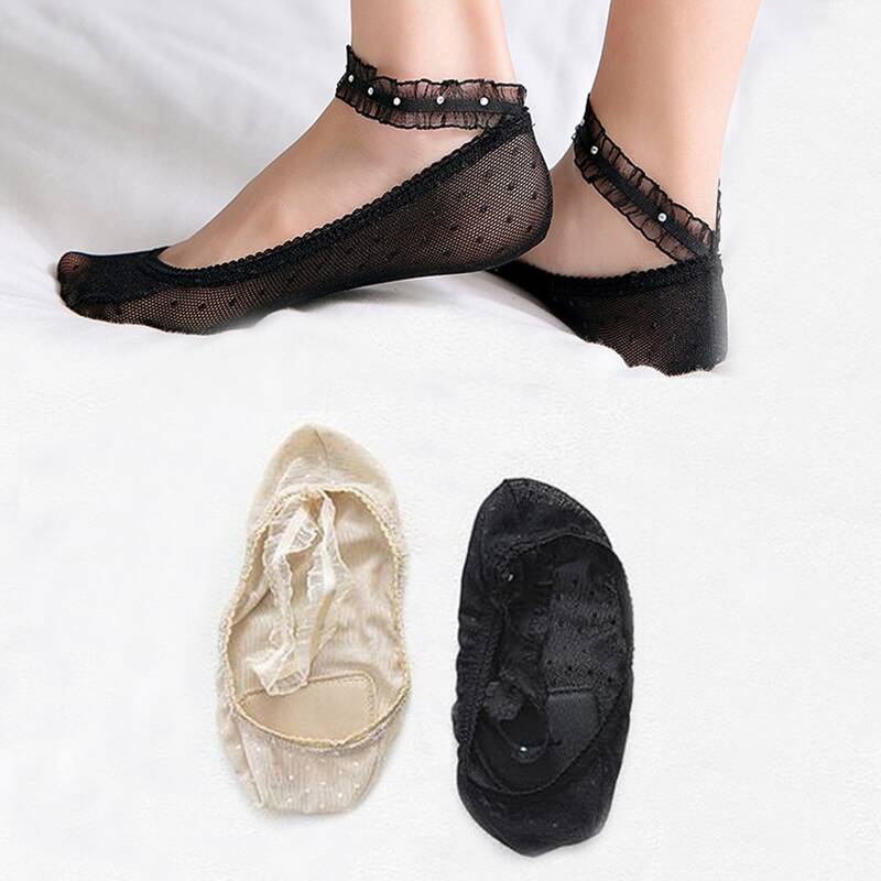 

2pairs Frill & Rhinestone Decor Invisible Socks, Multicolor