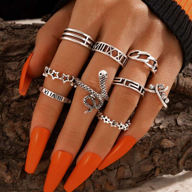 

9pcs Serpentine & Star Ring, Silver