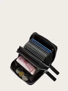 Small Short Credit Card Holder, Double Zipper Around Clutch Wallet, Solid Colour Coin Purse - Black - View 1