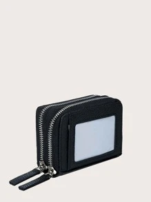 Small Short Credit Card Holder, Double Zipper Around Clutch Wallet, Solid Colour Coin Purse - Black - View 2