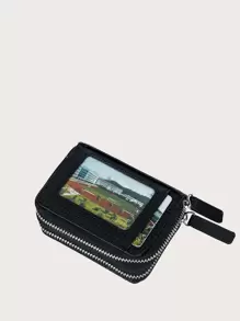 Small Short Credit Card Holder, Double Zipper Around Clutch Wallet, Solid Colour Coin Purse - Black - View 3
