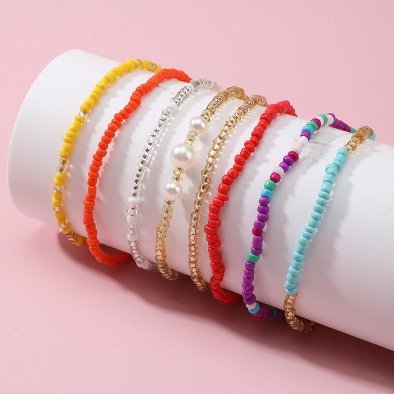 

8pcs Faux Pearl Decor Beaded Anklet, Multicolor