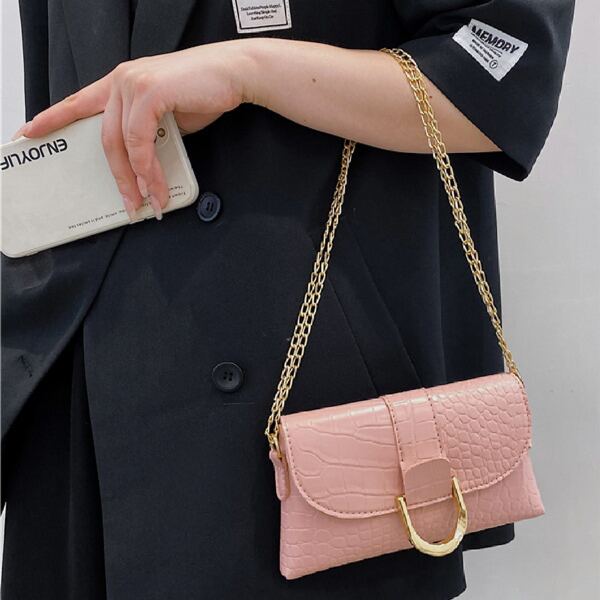 

Croc Embossed Flap Chain Baguette Bag, Pink