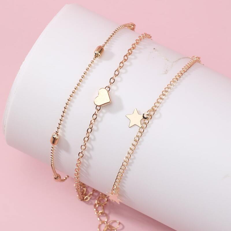 

3pcs Star & Heart Anklet, Gold