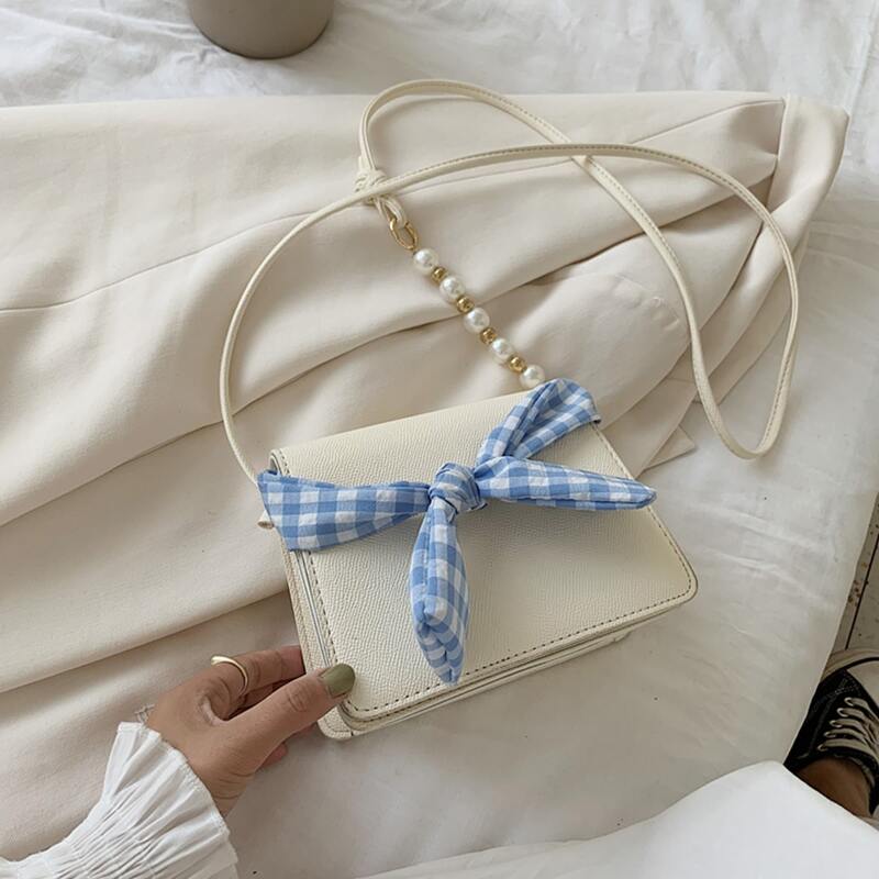 

Gingham Bow Decor Satchel Bag, Beige